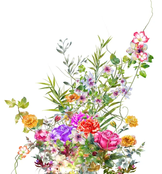 Acuarela pintura hojas y flor, sobre fondo blanco — Foto de Stock
