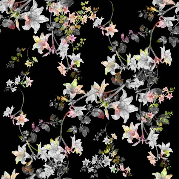 葉や花の水彩画、暗い背景の図のシームレス パターン — ストック写真