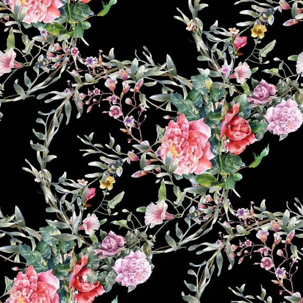 수채화 그림의 잎과 꽃, 어두운 배경 일러스트 레이 션에 완벽 한 패턴 — 스톡 사진
