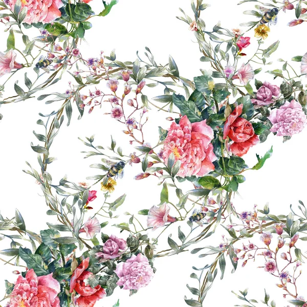 Pittura ad acquerello di foglie e fiori, modello senza cuciture su sfondo bianco illustrazione — Foto Stock