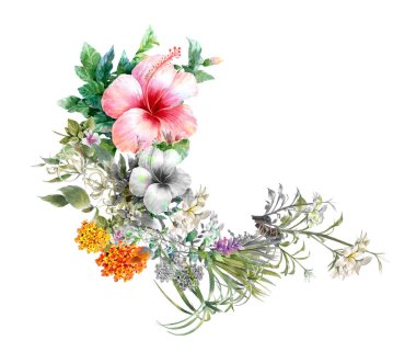 Beyaz arkaplanda yaprakların ve çiçeklerin suluboya resmi 