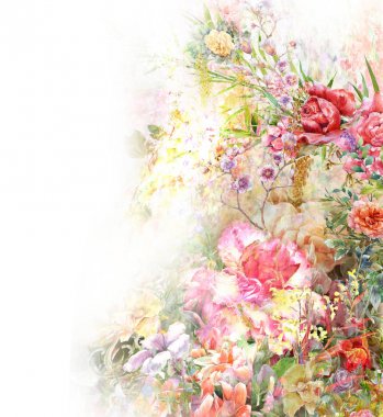 Beyaz arkaplanda yaprakların ve çiçeklerin suluboya resmi 