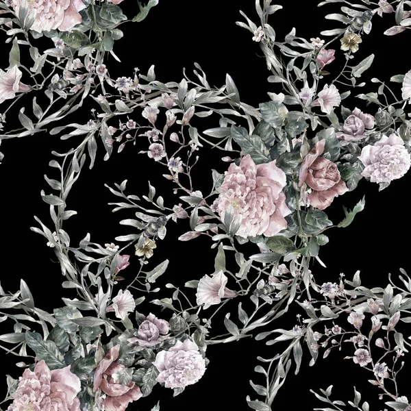 Υδατογραφία των φύλλων και των λουλουδιών, αδιάλειπτη μοτίβο σε σκούρο φόντο — Φωτογραφία Αρχείου
