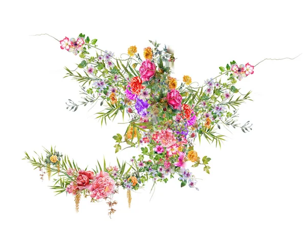 Akvarel malba listí a květin, na bílém pozadí — Stock fotografie