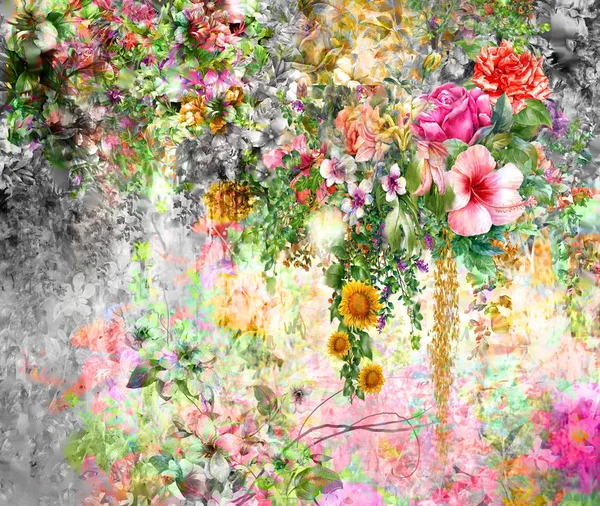 Peinture aquarelle abstraite de fleurs colorées. Printemps fleurs multicolores — Photo