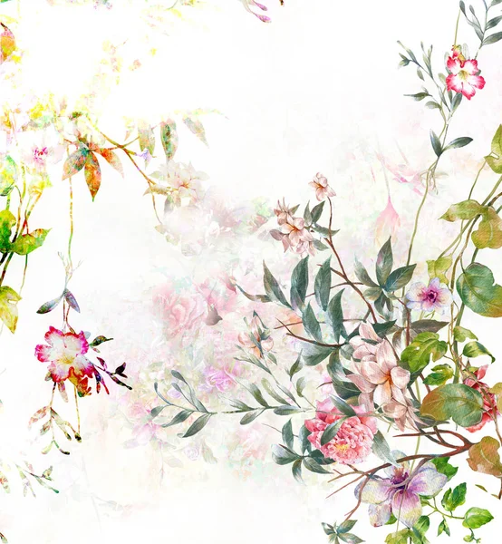 Aquarela pintura de folhas e flores, sobre fundo branco — Fotografia de Stock
