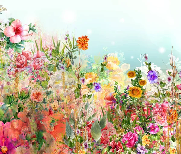 Soyut renkli çiçekler suluboya resim. Bahar çok renkli çizimi — Stok fotoğraf