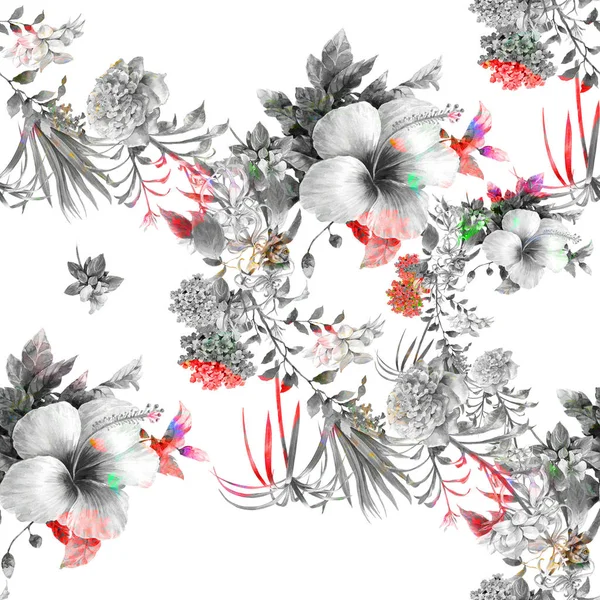 수채화 그림의 잎과 꽃, 흰색 배경 일러스트 레이 션에 완벽 한 패턴 — 스톡 사진
