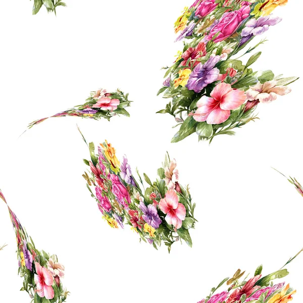 Aquarelle peinture de feuilles et fleurs, motif sans couture sur fond blanc illustration — Photo