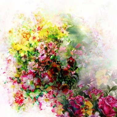 yaprak ve çiçek, beyaz arka plan illüstrasyon suluboya resim