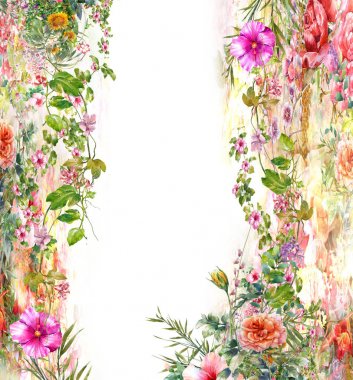 Beyaz arkaplanda yaprakların ve çiçeklerin suluboya resmi 