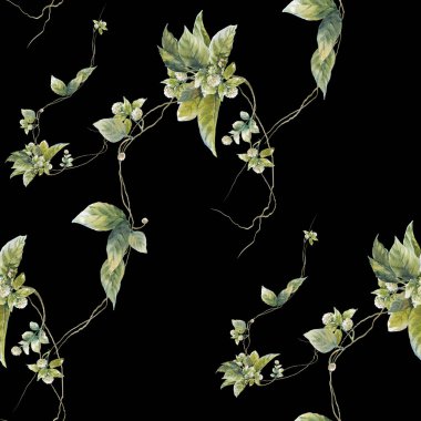 Yaprak, koyu arka plan illüstrasyon Dikişsiz desen suluboya resim