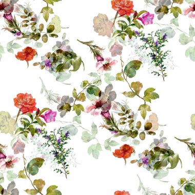 Yaprak ve çiçek, suluboya resim üzerinde beyaz arka plan illüstrasyon seamless modeli