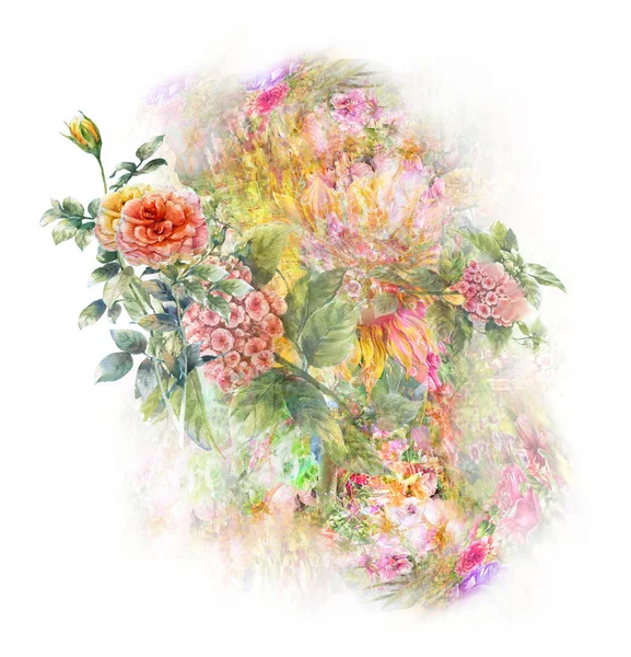 A levelek és a virág, fehér háttér ábrán akvarell festészet — Stock Fotó