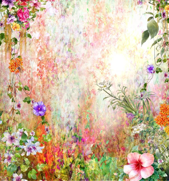 Peinture aquarelle abstraite de fleurs colorées. Printemps multicolore en illustration — Photo