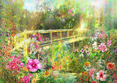 Картина, постер, плакат, фотообои "abstract spring multicolored flowers near canal bridge watercolor ", артикул 156286590