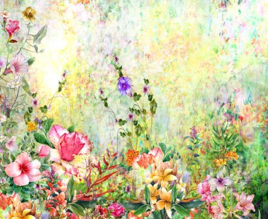 Soyut renkli çiçekler suluboya resim. Bahar çok renkli