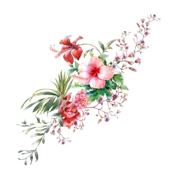 Pittura ad acquerello di foglie e fiori, su sfondo bianco — Foto Stock