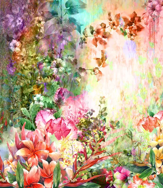 Peinture aquarelle abstraite de fleurs colorées. Printemps multicolore — Photo