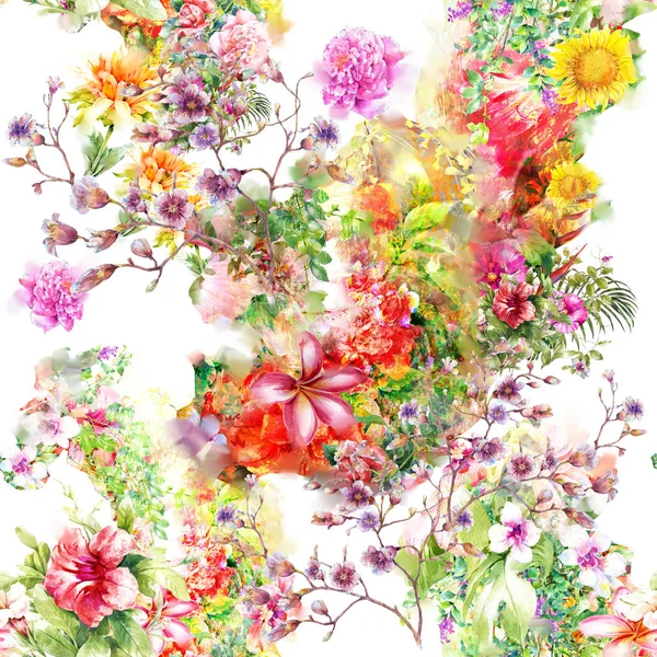 Aquarelle peinture de feuilles et fleurs, motif sans couture sur blanc — Photo