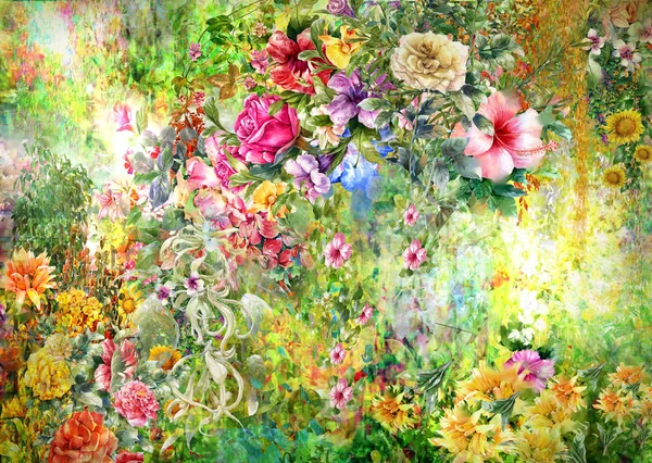 Abstract aquarel van kleurrijke bloemen. Lente veelkleurige — Stockfoto