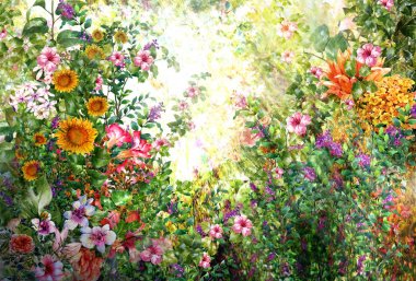 Soyut renkli çiçekler suluboya resim. Bahar çok renkli