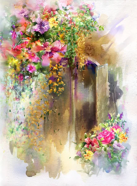 Streszczenie kolorowe kwiaty akwarela malarstwo. Wiosna wielobarwna w — Zdjęcie stockowe