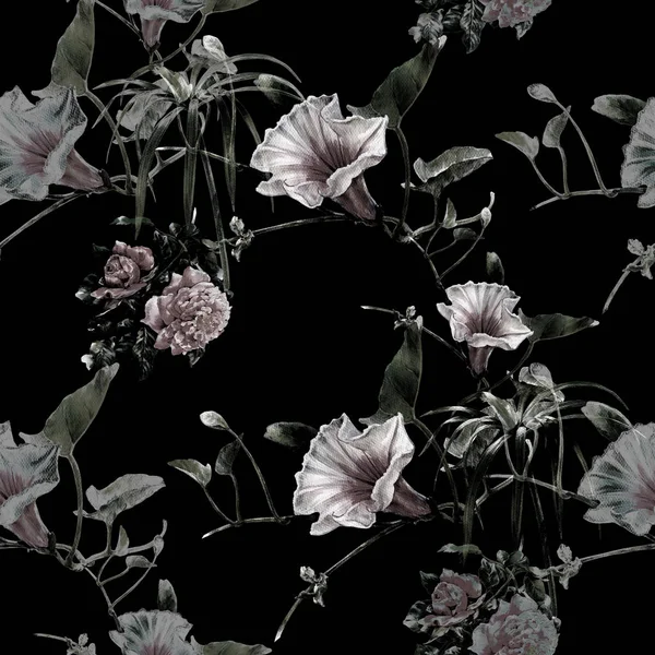 Yaprak ve çiçeklerin suluboya resmi, koyu arkaplanda pürüzsüz desen — Stok fotoğraf