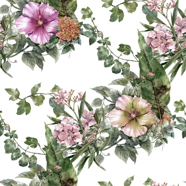 Aquarela pintura de folha e flores, padrão sem costura no fundo branco — Fotografia de Stock