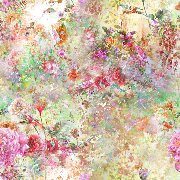叶和花的水彩画,无缝图案 — 图库照片