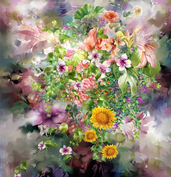 Peinture aquarelle abstraite de fleurs colorées. Printemps multicolore en — Photo