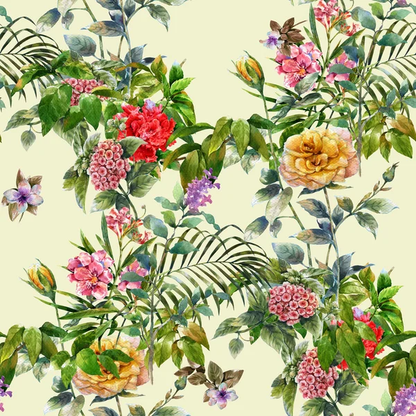 Aquarela pintura de folha e flores, padrão sem costura no fundo branco — Fotografia de Stock