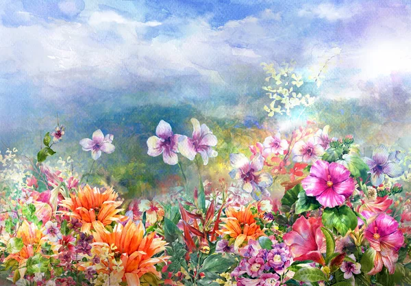 Flores coloridas abstratas aquarela pintura. Primavera multicolorido em — Fotografia de Stock