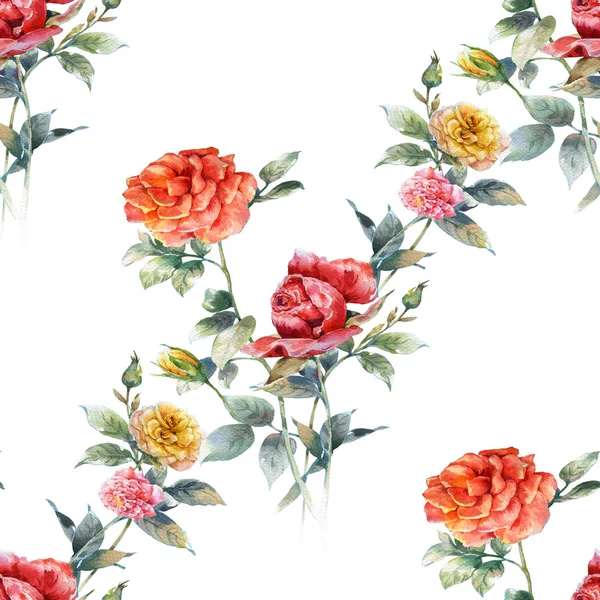 Aquarelle peinture de fleurs, rose, motif sans couture sur fond blanc — Photo