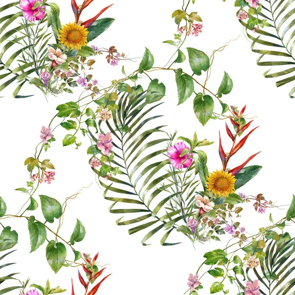 Akvarel malba listů a květin, bezešvé vzor na bílém pozadí — Stock fotografie