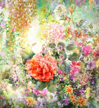 Soyut renkli çiçekler suluboya resim. Bahar çok renkli