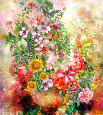 Soyut renkli çiçekler suluboya resim. Bahar çok renkli