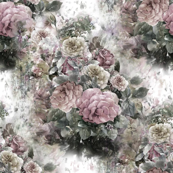 나뭇잎과 꽃을 물감으로 그리는 그림, 흰 배경에 바다없는 무늬 — 스톡 사진