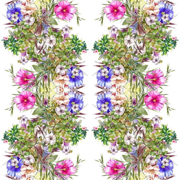 Pintura de acuarela de hojas y flores, patrón sin costuras sobre fondo blanco —  Fotos de Stock