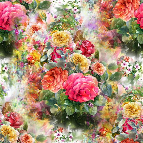 Υδατογραφία των φύλλων και των λουλουδιών, αδιάλειπτη μοτίβο σε λευκό φόντο — Φωτογραφία Αρχείου