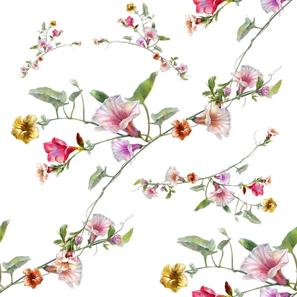 Акварельне розфарбування листя і квітів, безшовний візерунок на білому тлі — стокове фото