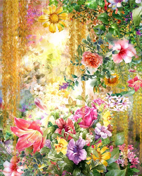 Flores coloridas abstractas acuarela pintura. Primavera multicolor — Foto de Stock