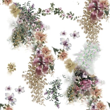 Suluboya resim yaprak ve çiçekler, beyaz zemin üzerine Dikişsiz desen