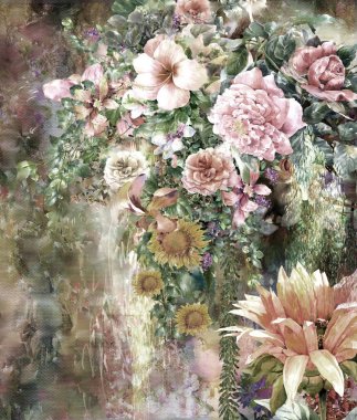 Soyut renkli çiçekler suluboya resim. Bahar çok renkli