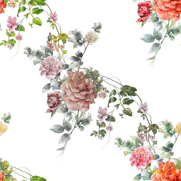 Akvarellmålning blad och blommor, sömlösa mönster på vit bakgrund — Stockfoto