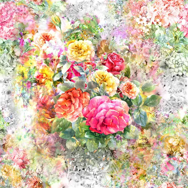 Aquarelle peinture feuille et fleurs, motif sans couture — Photo