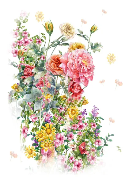 Akvarell festészet levelek és a virág, fehér háttér — Stock Fotó