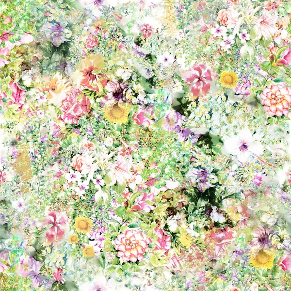 Aquarell Malerei Blatt und Blumen, nahtlose Muster — Stockfoto