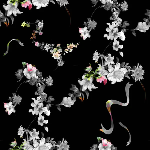 Лист акварели и цветы, бесшовный узор на темном фоне — стоковое фото