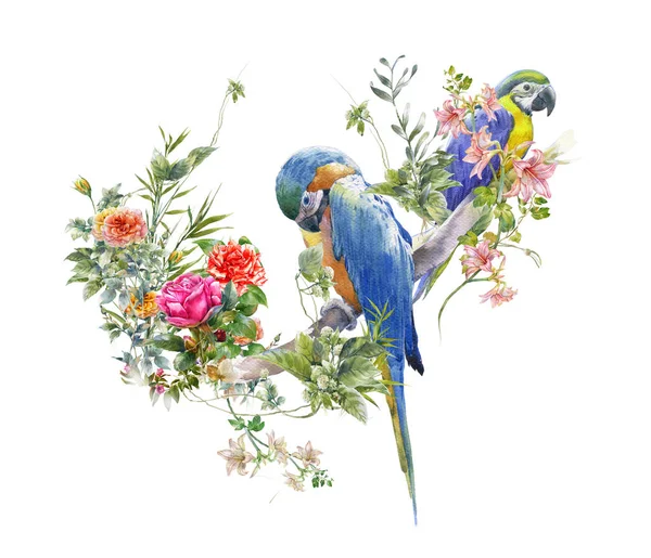 Acuarela con pájaro y flores, sobre fondo blanco ilustración — Foto de Stock